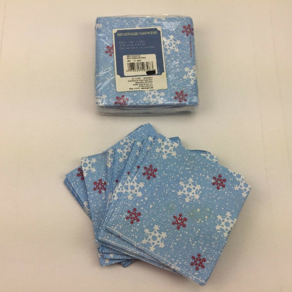 Beverage Napkins Mini Seasonal Party Blue Snowflakes Red White 60 Count
